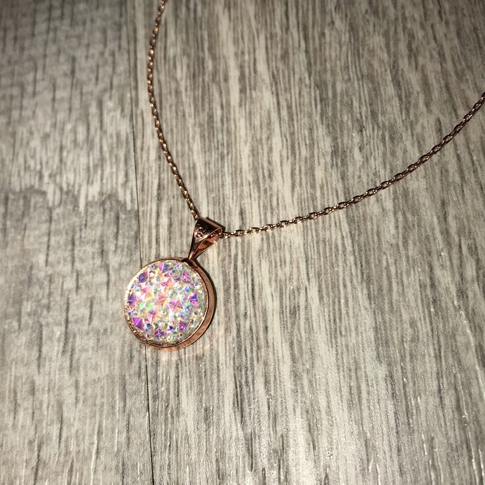 Clear Iridescent Prism w/Rose Gold Necklace